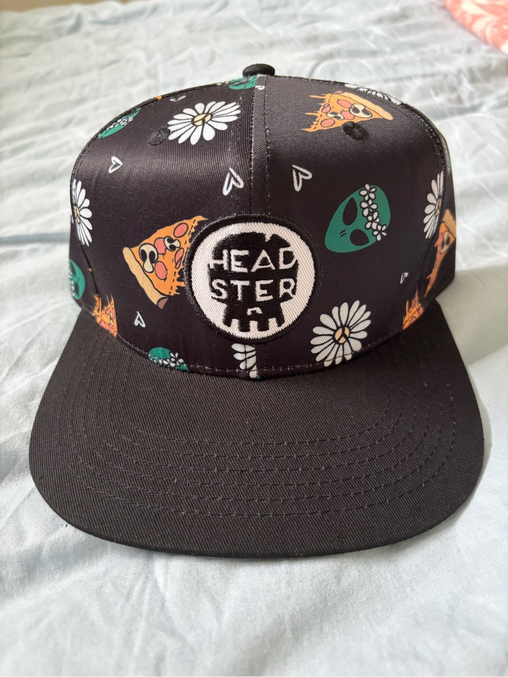 Headster Kids Black Snapback Hat with Floral, Pizza & Alien Print